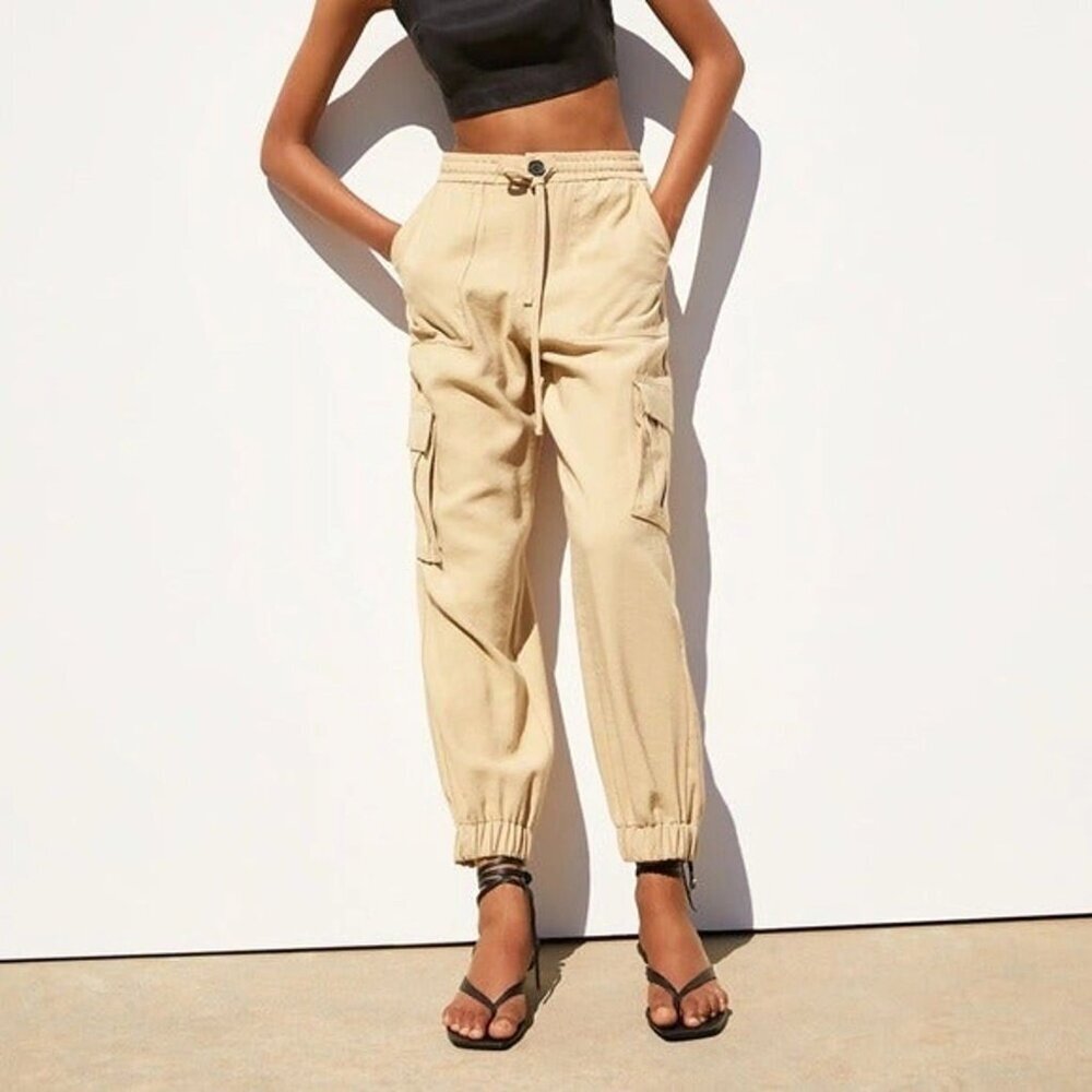 Zara Pants Size S Sand High-Rise Cargo Jogger Elastic Waist Tapered Relaxed Fit